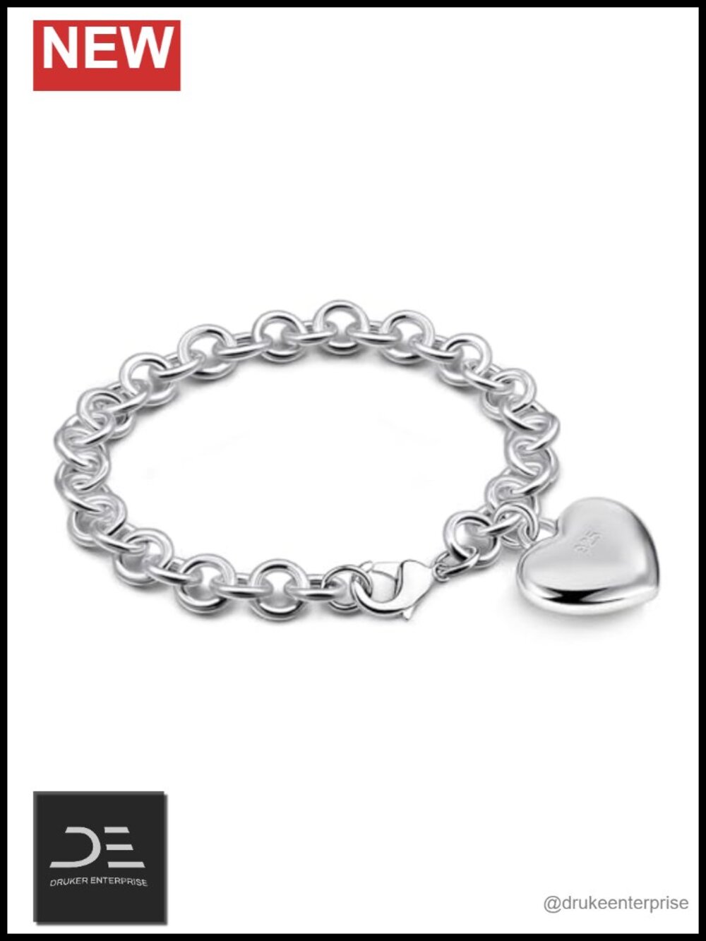 925 Sterling Silver Charm Link Bracelet with Heart-Bell-Square-Circle Pendants